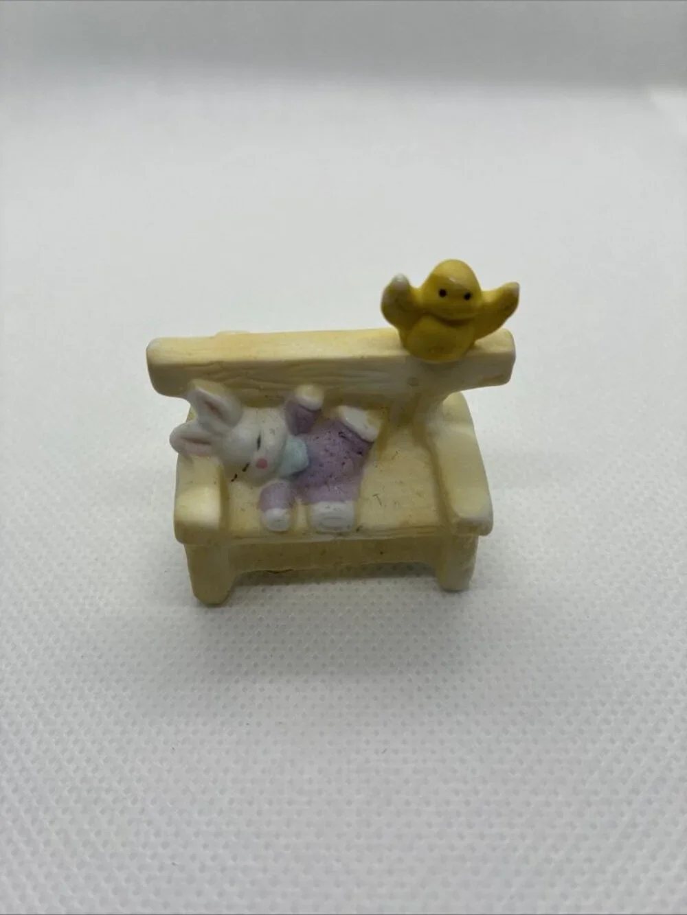 Vintage Easter Bunny Bench Figurine Sleeping Rabbit Chick Resin Mini Decor